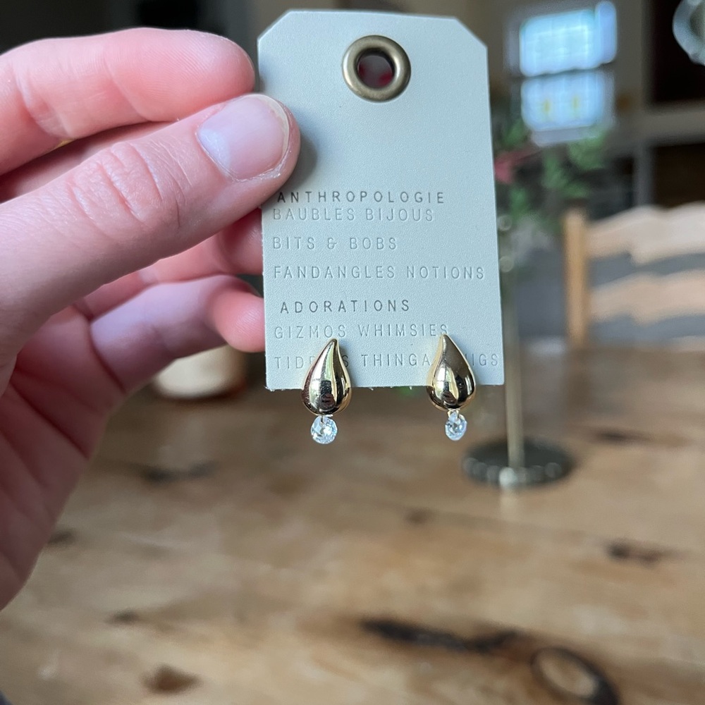 Anthropologie Gold Teardrop Studs with Clear Crystal Drops
